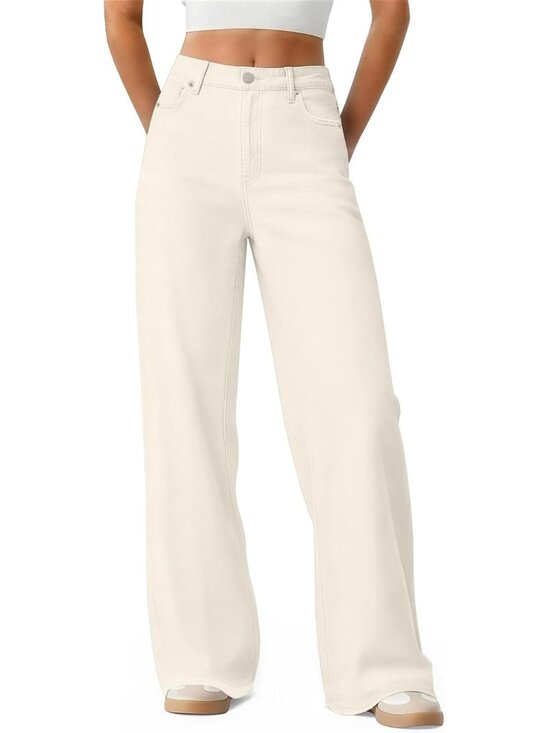 Denim - Women's Beige High Waisted Baggy Loose Straight Denim Pants Wide Leg Jeans